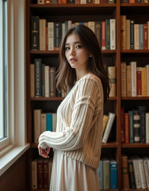 youngwoman, <lora:jlFemaleBeta15_FLUX_v1:1>, This is a high-resolution photograph, a fashionable beauty with clear, dewy skin and a symmetrical face stands in a tranquil library, her figure adorned in a soft, cable-knit sweater and a flowing skirt, her expression thoughtful as she peruses the shelves, her posture elegant and poised