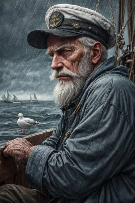 (RAW photo, 8k uhd, Analog style, Masterpiece, Best Quality, Highres:1.4), (dramatic, cinematic:1.2), BREAK,
movie shot of (80 yo:1.2) (old male:1.3) (fisherman:1.25) (sailor man:1.25) (sitting:1.1) (on deck:1.35) of (old dilapidated:1.2) (wooden sailboat:1.3), against railing, (from side:1.2), (stern face:1.2), (deep wrinkles:1.2), (gray long beard:1.3), (grey eyes:1.2), ((shabby:1.2) old (torn:1.15) (raincoat:1.1), brown (pants:1.1), (sailor hat:1.1) (sou'wester:1.2), jackboots:1.1), (lowered head:1.2), (tired sad expression:1.15), BREAK,
(stormy sea, gloomy dark clouds:1.2) on background, (splashes, water drops, rain:1.25), (seafoam:1.1), (flying white seagulls:1.25), (rocks, cliffs:1.3), (dark haze:1.2), (wet clothes:1.1), fishing (nets with fish:1.3) on deck, (ropes:1.1), (tense hopeless eerie atmosphere, cold, floes:1.2), BREAK,
(photorealistic:1.3), (rough details, (male focus:1.1):1.2), (desaturated, cold lighting:1.3), (hyperdetailed, absurdres:1.2), BREAK,
<lora:more_details:0.9>,
<lora:zoom_slider_v1:4.66>,