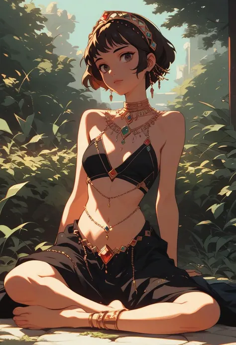 (Masterpiece, 4k, HDR, high detail:1.2), Busty (African girl, black skin, black eyes:1.1), Half naked, jungle clothes, petite, small sized chest