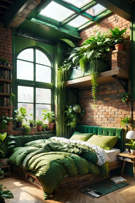 <lora:xl_more_art-full_v1:0.7> , (best quality:1.5), (intricate emotional details:1.5), (sharpen details),  (ultra detailed), (cinematic lighting),  bedroom, bed next to window, green duvet, cushions, indoor plants, book case behind bed, cozy aesthetics, sunlight, brick walls, anime style, line art