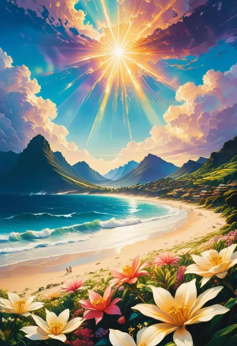 RAW Photography,Snow-capped mountains, flowers and moos, white clouds,lens flare, low wide angle,, (sharpness in detail:1.1), Canon EOS 5D Mark IV, masterpiece, 35mm photograph, (iconic photograph:1.4), (visual storytelling:1.2), film grain, award winning photography of anomalous wave, very high, comes from the sea producing a very high wave, on a tropical beach, the people on the beach run away in fear, screams, shouts,