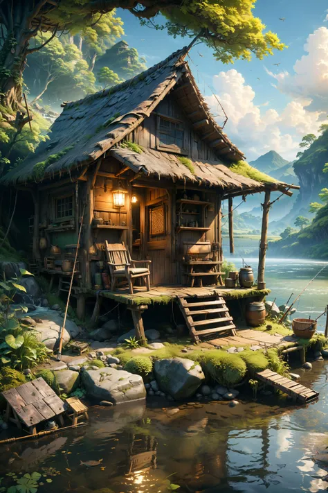 <lora:xl_more_art-full_v1:0.7> , (best quality:1.5), (intricate emotional details:1.5), (sharpen details), (ultra detailed), (cinematic lighting), peaceful shack on the side of a river, empty chair with a fishing pole beside it, anime style