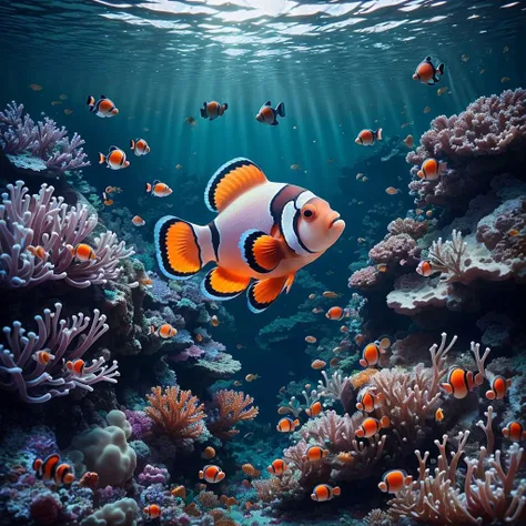 masterpiece, intricate photo, clownfish fish in a coral reef, background coral reef with sunken city Atlantis, animal photography, hyper realistic, highly detailed, sharp focus, studio lighting, best quality, high resolution, 8K, <lora:ClownfishConcept:0.5>