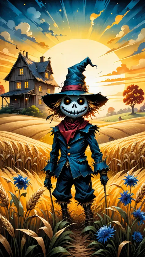 summer, best quality, ink painting, acrylic, detailed straw cute scarecrow little gremlin creature on a rye field, cornflowers, sunrise, farm house, by Craola, Dan Mumford, Andy Kehoe, 2d, flat, cute, adorable, vintage, art on a cracked paper, fairytale, storybook detailed illustration, cinematic, ultra highly detailed, tiny details, beautiful details, mystical, luminism, vibrant colors, complex background<lora:xl_more_art-full_v1:0.5>