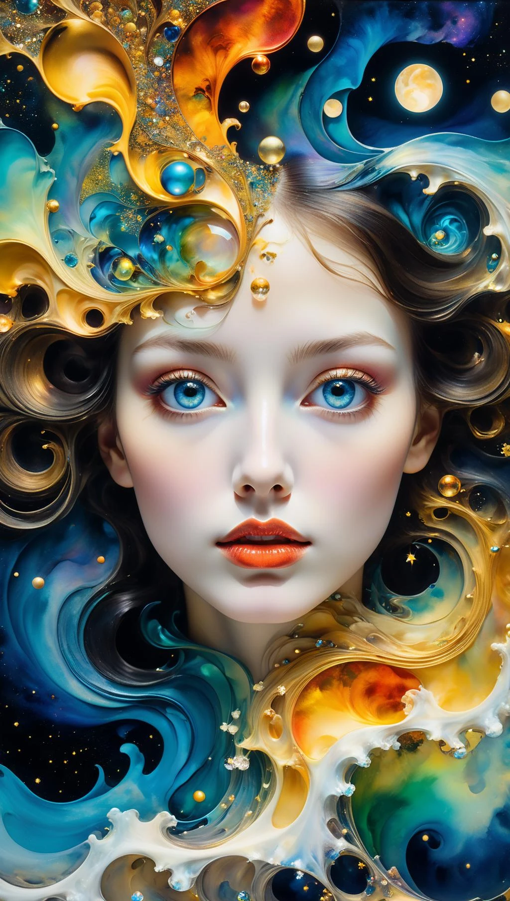 A color painted beautiful young woman., mystical waves at night. 3d. Iridescent. the melting beauty of the Universe. surrealism in the reflection of nebula fragments. Encaustic paint. Alcohol ink. Works by Gustav Klimt, Escher, Jean Baptiste Monge, Alberto Seveso. High contrast. super detail. Intricate. Open eyes.<lora:xl_more_art-full_v1:0.5>