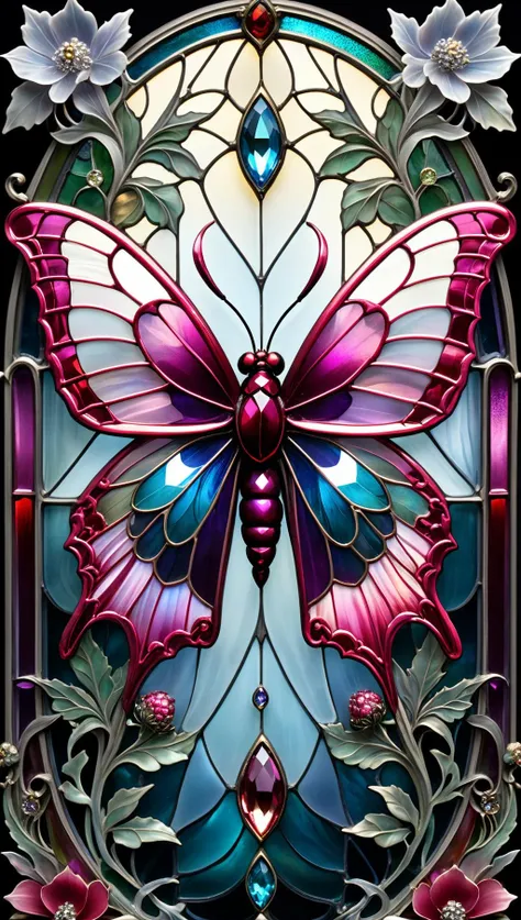 triadic colors, cinematic, official art, close fairytale transparent glass moth ruby peony flowers, ice hoarfrost, baroque, Craola, highly detailed stained glass wings, amethyst crystals, labradorite iridescent crystals, Andy Kehoe, John Blanche, complex highly detailed background, child book detailed illustration, fantasy, filigree, filigree detailed, intricated, cute<lora:xl_more_art-full_v1:0.5>