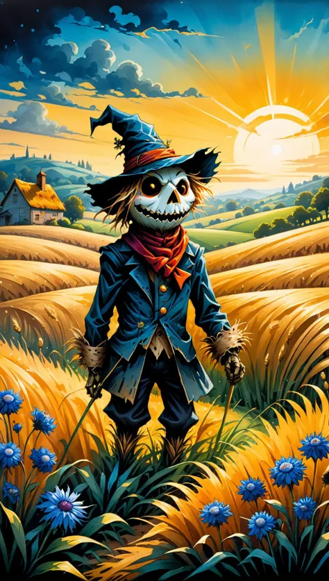 summer, best quality, ink painting, acrylic, detailed straw cute scarecrow little gremlin creature on a rye field, cornflowers, sunrise, farm house, by Craola, Dan Mumford, Andy Kehoe, 2d, flat, cute, adorable, vintage, art on a cracked paper, fairytale, storybook detailed illustration, cinematic, ultra highly detailed, tiny details, beautiful details, mystical, luminism, vibrant colors, complex background<lora:xl_more_art-full_v1:0.5>