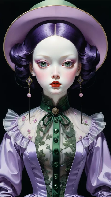 A victorian doll, professional ominous concept art, open eyes, Sheer Lilac, Purple Corallite, UP Forest Green, Peppermint Bar und Spear Shaf, in mix style of Jillian Tamaki, Tran Nguyen, Edward Hopper, Takato Yamamoto, surrealism, dark art by james jean, detailed, extremely detailed, delicate detail, crisp quality, ultra realistic, hyperrealistic, award<lora:xl_more_art-full_v1:0.5>