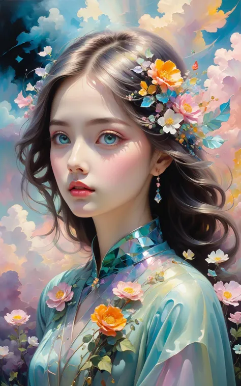 _James Jean, Floating female figure made from ribbon, Baiyun，Cherry blossoms, in the sky, rich and colorful、Full of energy, mysterious color, contemporary impressionism, yanjun cheng portrait painting, iridescence painting, 3/4 Perspectives, cute face, low angle, Scan around the composition, large beautiful crystal eyes, large iris, ultra high definition, high dynamic range, 8k, (masterpiece:1. 5), (The most beautiful portraits in the world:1.5)