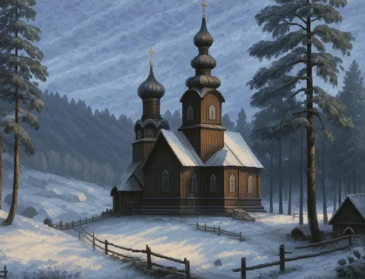An old wooden church, winter landscape of the countryside, detailed, soft, snowflakes, atmosphere, pine forest, ru_priroda, ru_derevnya, pixel art <lora:pxx4_v1_alpha:1.6> <lora:Esenin2:0.8>
