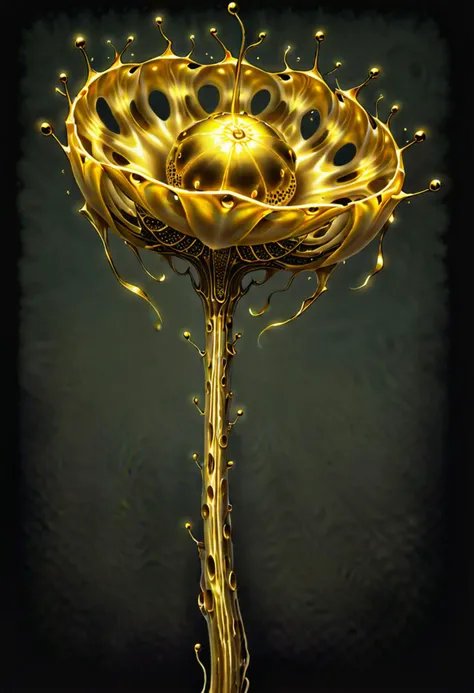 ((wide shot)) , A ((bright golden seed pod)), from a wild poppy, with a brown stem on a dark background, colored pencil, water color, a digital rendering, rococo, absurdres, highres,ultra detailed, light manipulation, photo manipulation, altered realities, fantastical scenes, digital artistry, creative editing, striking visuals, captivating visuals. Intricate, abstract, patterns, meditative, highly detailed Trypophobia, sacred geeometry