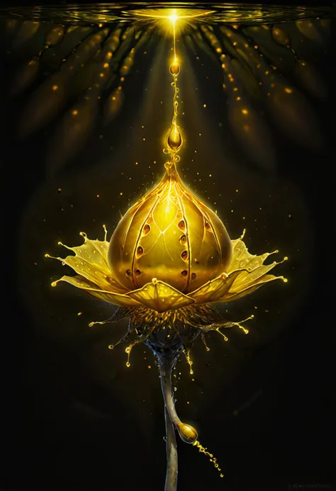 ((wide shot)) , A ((bright golden seed pod)), from a wild poppy, with a dark background, colored pencil, water color, a digital rendering, high-res, ultra detailed, light manipulation, photo manipulation, altered realities, fantastic scenes, digital artistry, creative editing, striking visuals, captivating visuals. Intricate, abstract, patterns, meditative, highly detailed Trypophobia, sacred geeometry