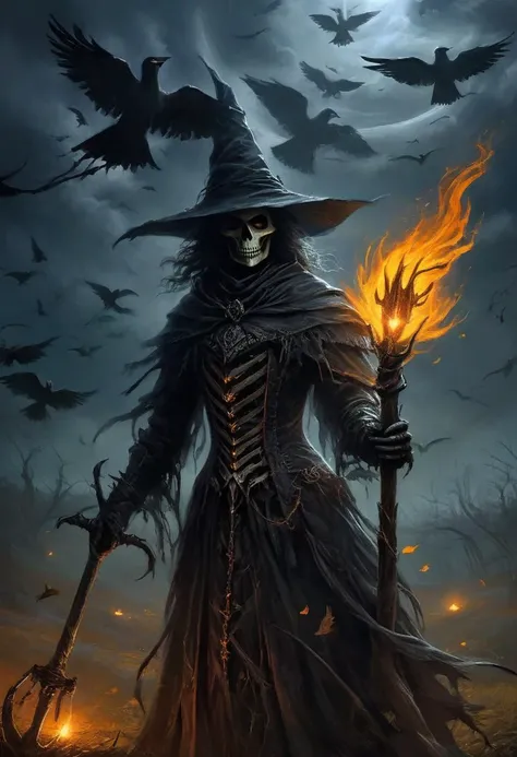 Dark Fantasy Art, Dark Moody Atmosphere, A menacing pumpkin-headed scarecrow looms in a moonlit cornfield, wielding a rusted pitchfork. Eerie orange light flickers within its carved grimace. Tattered robes billow in the autumn wind. Mystical runes glow on its straw-stuffed body, evoking ancient harvest rituals., dramatic, mysterious, dark moody atmosphere, dark, moody, dark fantasy style