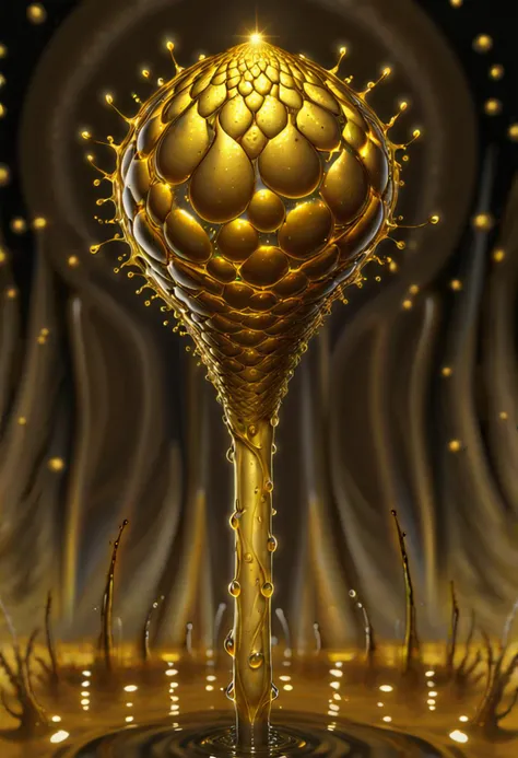 ((wide shot)) , A ((bright golden seed pod)), from a wild poppy, with a brown stem on a dark background, colored pencil, water color, a digital rendering, high-res, ultra detailed, light manipulation, photo manipulation, altered realities, fantastic scenes, digital artistry, creative editing, striking visuals, captivating visuals. Intricate, abstract, patterns, meditative, highly detailed Trypophobia, sacred geeometry
