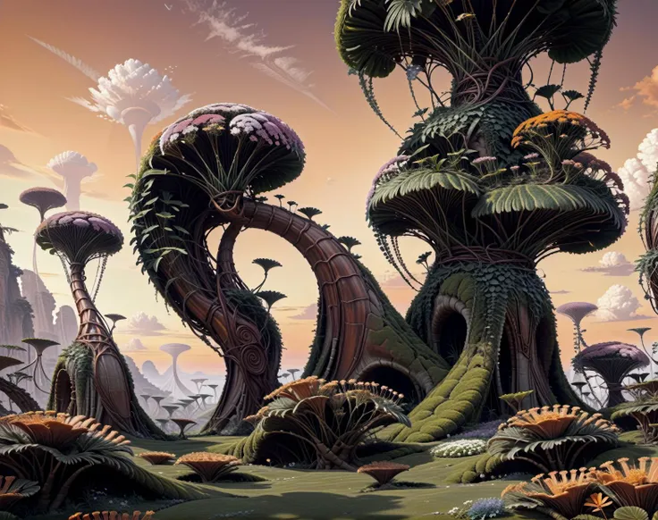 Concept art Beautiful alien world,sunset, ancient tree, their small roots hang from the branches, reaching out until they meet each other, wind together forming a larger root that that branch out again when it reaches the ground. Vines growing on the trees with fractalized flowers. Tree trunks look like polished mahogany, plants that are fractals, plants with curling shoots aiming for the sky, plants that resemble ferns, plants that glow. large fractured crystals extend up from the ground catching the last of the daylight.
masterpiece, best quality, high-res, extremely clear 8k wallpaper, orange setting sun.
<lora:sdxl_photorealistic_slider_v1-0:1.6> <lora:add-detail-xl:1.61> misc digital artwork, painterly, matte painting, highly detailed <lora:xl_real_beta1:0.84>