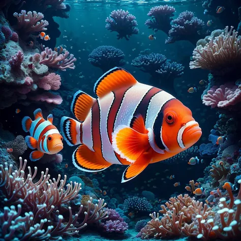 masterpiece, intricate photo, clownfish fish in a coral reef, background coral reef, animal photography, hyper realistic, highly detailed, sharp focus, studio lighting, best quality, high resolution, 8K, <lora:ClownfishConcept:0.5>