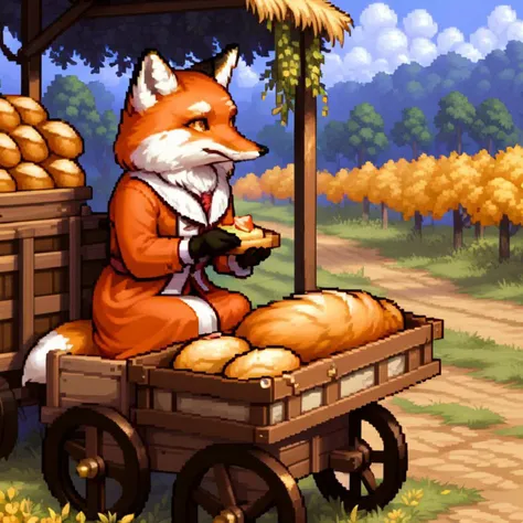 Countryside, lisichka eats bread, anthro furry fox, 1girl, high detail, A trading cart <lora:Lisichka:1.2> <lora:pxx4_v1_alpha:0.8> pixel art