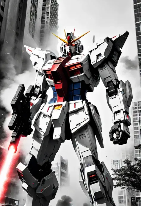 Gundam with glowing red eyes, firing its beam rifle, attacking a city, Black and white, 80's professional analog war photoraphy, hyper-detailed, ultra-realistic <lora:add-detail-xl:1>, photorealistic, realistic, in real life, live action, real