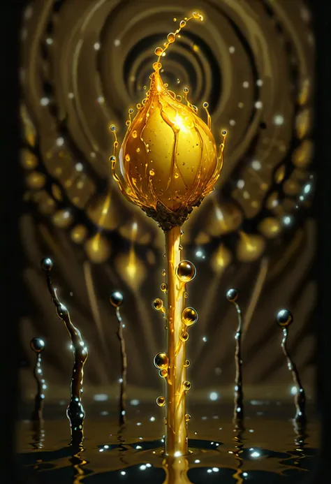 ((wide shot)) , A ((bright golden seed pod)), from a wild poppy, with a brown stem on a dark background, colored pencil, water color, a digital rendering, high-res, ultra detailed, light manipulation, photo manipulation, altered realities, fantastic scenes, digital artistry, creative editing, striking visuals, captivating visuals. Intricate, abstract, patterns, meditative, highly detailed Trypophobia, sacred geeometry