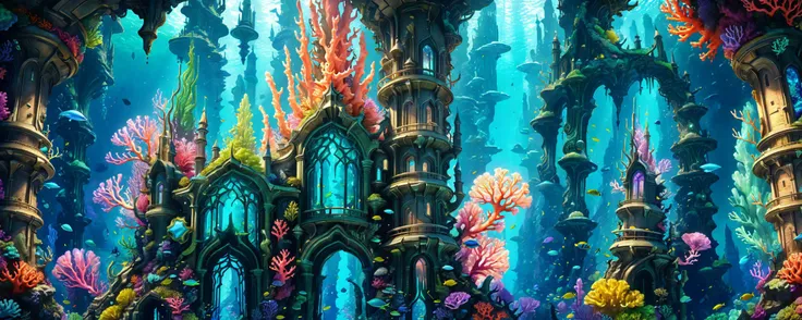 Breathtaking scenery of an underwater sci-fi kingdom, large scope, panoramic view, extremely intricate architecture, tall bioluminescent crystal spires, wealth, colorful coral, algae, high resolution, 4K, ultra hd detailed photograph, cinematic, gorgeous, surreal, fantasy, futuristic, very sharp, <lora:xl_more_art-full_v1:1>, <lora:detailed_notrigger:1>