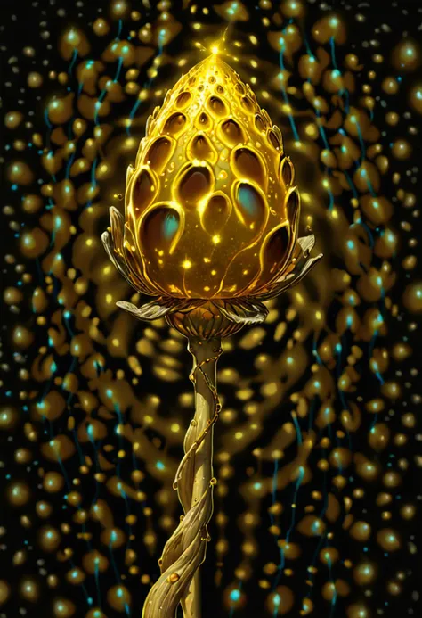 ((wide shot)) , A ((bright golden seed pod)), from a wild poppy, with a dark background, colored pencil, water color, a digital rendering, high-res, ultra detailed, light manipulation, photo manipulation, altered realities, fantastic scenes, digital artistry, creative editing, striking visuals, captivating visuals. Intricate, abstract, patterns, meditative, highly detailed Trypophobia, sacred geeometry