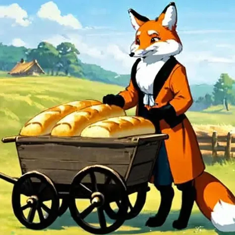 Countryside, lisichka eats bread, anthro furry fox, 1girl, high detail, A trading cart <lora:Lisichka:1.1>