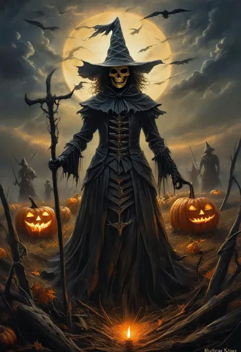 Dark Fantasy Art, Dark Moody Atmosphere, A menacing pumpkin-headed scarecrow looms in a moonlit cornfield, wielding a rusted pitchfork. Eerie orange light flickers within its carved grimace. Tattered robes billow in the autumn wind. Mystical runes glow on its straw-stuffed body, evoking ancient harvest rituals., dramatic, mysterious, dark moody atmosphere, dark, moody, dark fantasy style