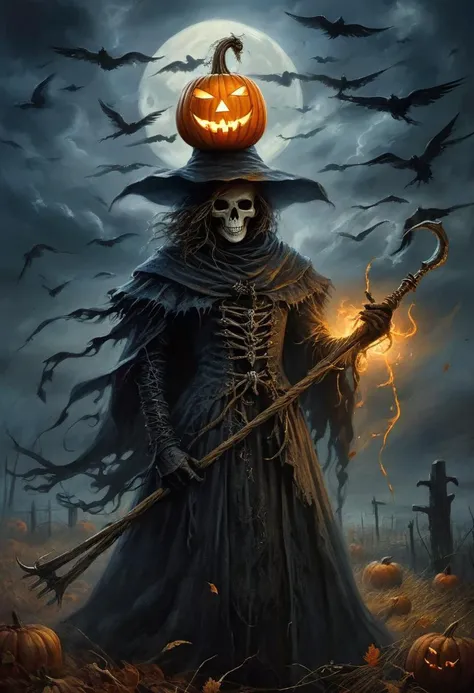 Dark Fantasy Art, Dark Moody Atmosphere, A menacing pumpkin-headed scarecrow looms in a moonlit cornfield, wielding a rusted pitchfork. Eerie orange light flickers within its carved grimace. Tattered robes billow in the autumn wind. Mystical runes glow on its straw-stuffed body, evoking ancient harvest rituals., dramatic, mysterious, dark moody atmosphere, dark, moody, dark fantasy style