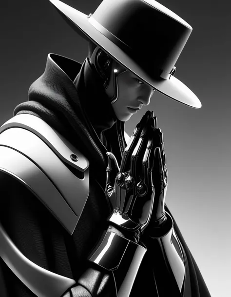 cowboy shot, Futuristic Android Hands, Hidden, Black Fabric, Organic, Dark, Black and White, Black Cloth, High Detail, Hand Prayer, Side View, White Room