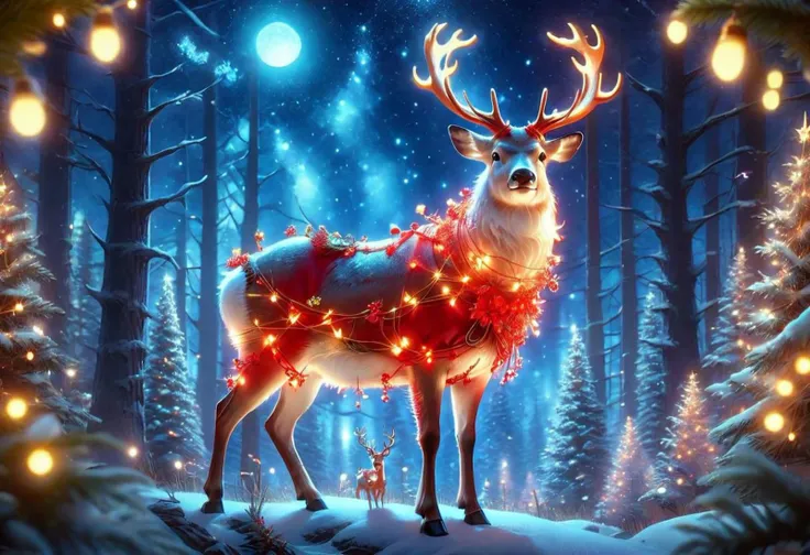 beautiful magical, red reindeer, transparent, glowing dear, magic forest, pretty magnificent white dear, glowing forest, starrly night, beautiful features, beautiful pose, middle of the forest, fireflies, starry sky, portrait, splash art, royo<lora:xl_more_art-full_v1:0.5>,Santa Claus