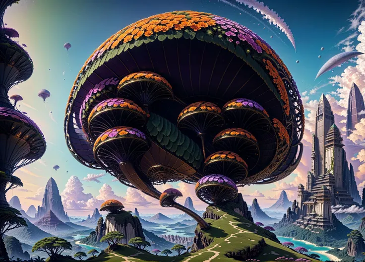 Concept art Beautiful alien world, (wide shot), ((seen from a distance)), sunset, ((crystals jutting high overhead from the ground sparkle from the sunshine while refracting beams of light into the sky:1.3)). An ((ancient city:1.5)) of an advanced alien species, gleaming of gold and silver with giant crystalline structures. The cities, thousands of years old, (((are as new looking and functional as the day they were built))), totally automated they keep the city and themselves in perfect working order left abandoned by an ancient race far more advanced than ours. Ancient trees tower near the city, young when the aliens were here, have grown as tall as some skyscrapers, their roots hang from the branches, once reaching ground spread out away from the tree. The roots, when far from the tree, send up shoots with seed pods when mature explode sending the seeds high into the air to float away and start new life over again. Vines growing on the trees glisten as though wet, have brightly colored flowers. The place is alive with plants that are fractal shapes, plants with curling shoots reaching for the sky, plants that resemble ferns, plants that glow. Orange, purple, green, blue, vibrant colors. Sifi, science fantasy, future worlds,
Masterpiece, best quality, high-res, extremely clear 8k wallpaper, setting sun. HDR lighting, dramatic cinematic composition, UHD resolution, realistic texturing, advanced rendering techniques, and meticulous post-processing.
Misc digital artwork, painterly, matte painting, highly detailed.
<lora:sdxl_photorealistic_slider_v1-0:1.6> <lora:add-detail-xl:1.61>, <lora:xl_real_beta1:0.84>