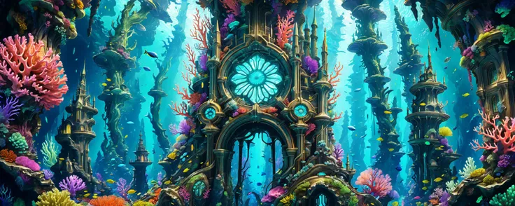 Breathtaking scenery of an underwater sci-fi kingdom, large scope, panoramic view, extremely intricate architecture, tall bioluminescent crystal spires, wealth, colorful coral, algae, high resolution, 4K, ultra hd detailed photograph, cinematic, gorgeous, surreal, fantasy, futuristic, very sharp, <lora:xl_more_art-full_v1:1>, <lora:detailed_notrigger:1>