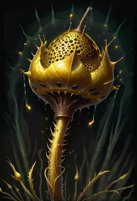 ((wide shot)) , A ((bright golden seed pod)), from a wild poppy, with a brown stem on a dark background, colored pencil, water color, a digital rendering, high-res, ultra detailed, light manipulation, photo manipulation, altered realities, fantastic scenes, digital artistry, creative editing, striking visuals, captivating visuals. Intricate, abstract, patterns, meditative, highly detailed Trypophobia, sacred geeometry