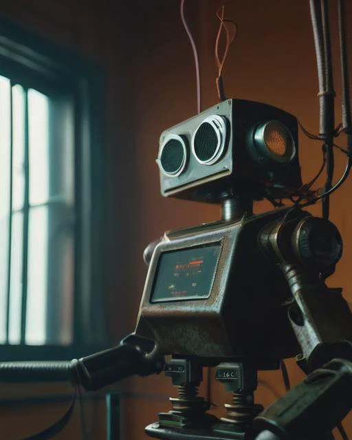 cinematic film still cute small robot standing infuturistic laboratory room covered in rust and vines, high contrast, high saturated,  vivid deep blacks, crystal clear  cinemascope, moody, epic, gorgeous, film grain, grainy<lora:1970's style:1.0>