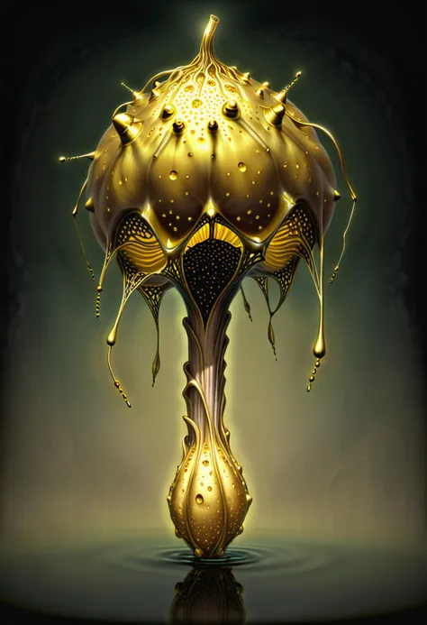 ((wide shot)) , A ((bright golden seed pod)), from a wild poppy, with a brown stem on a dark background, colored pencil, water color, a digital rendering, rococo, absurdres, highres,ultra detailed, light manipulation, photo manipulation, altered realities, fantastical scenes, digital artistry, creative editing, striking visuals, captivating visuals. Intricate, abstract, patterns, meditative, highly detailed Trypophobia, sacred geeometry