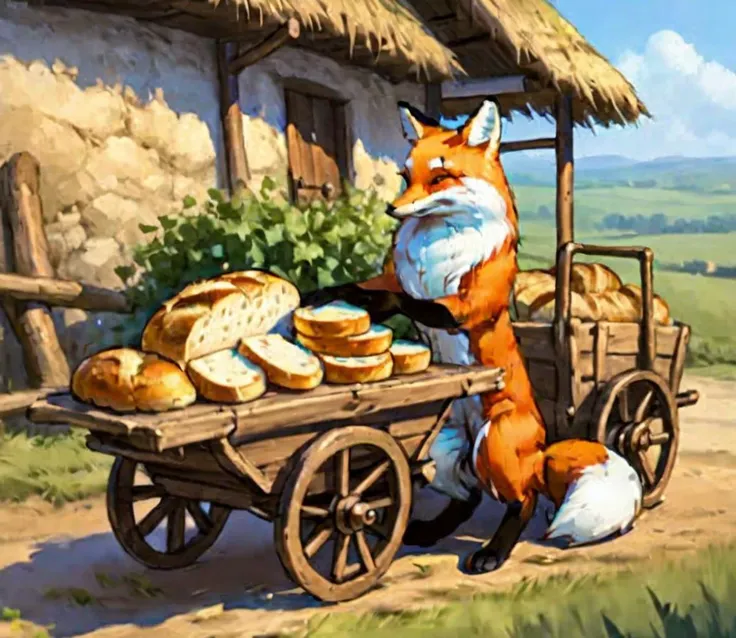 Countryside, lisichka eats round bread, anthro fox, high detail, A trading cart <lora:Lisichka:1.4>