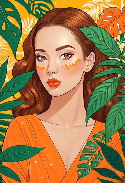 leaves, nature, portrait, bulge, Dynamic abstract Joan Cornella art, pretty cute woman, vector line art, Thick-Line Animation, Art Nouveau Style, Pop Art Style, Graffiti Style, cleavage, 3D clay render, gold glitter details, orange juice,
backdrop: tropical leaves and flowers, butterflies, a tiger, jungle,
albino-skinned, alone, Hsiao Ron Cheng art style, cute extra big lips, freckles, glossy, sparkling, dynamic, digital art, 8K, high resolution, wallpaper,