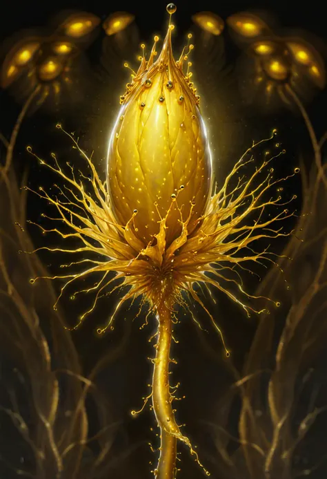 ((wide shot)) , A ((bright golden seed pod)), from a wild poppy, with a dark background, colored pencil, water color, a digital rendering, high-res, ultra detailed, light manipulation, photo manipulation, altered realities, fantastic scenes, digital artistry, creative editing, striking visuals, captivating visuals. Intricate, abstract, patterns, meditative, highly detailed Trypophobia, sacred geeometry