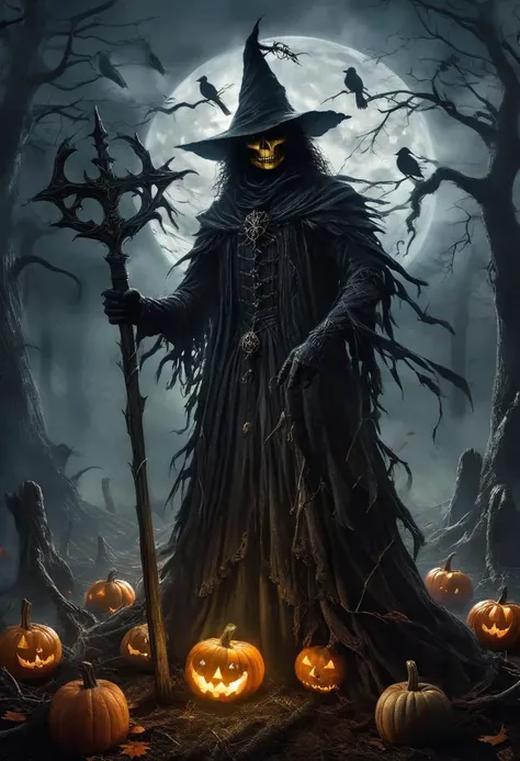 Dark Fantasy Art, Dark Moody Atmosphere, A menacing pumpkin-headed scarecrow looms in a moonlit cornfield, wielding a rusted pitchfork. Eerie orange light flickers within its carved grimace. Tattered robes billow in the autumn wind. Mystical runes glow on its straw-stuffed body, evoking ancient harvest rituals., dramatic, mysterious, dark moody atmosphere, dark, moody, dark fantasy style