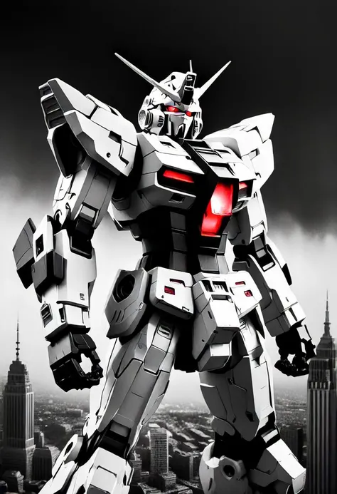 Gundam with glowing red eyes attacking a city, Black and white, monochrome, greyscale, darkness, film grain, 80's professional analog photo <lora:add-detail-xl:1>