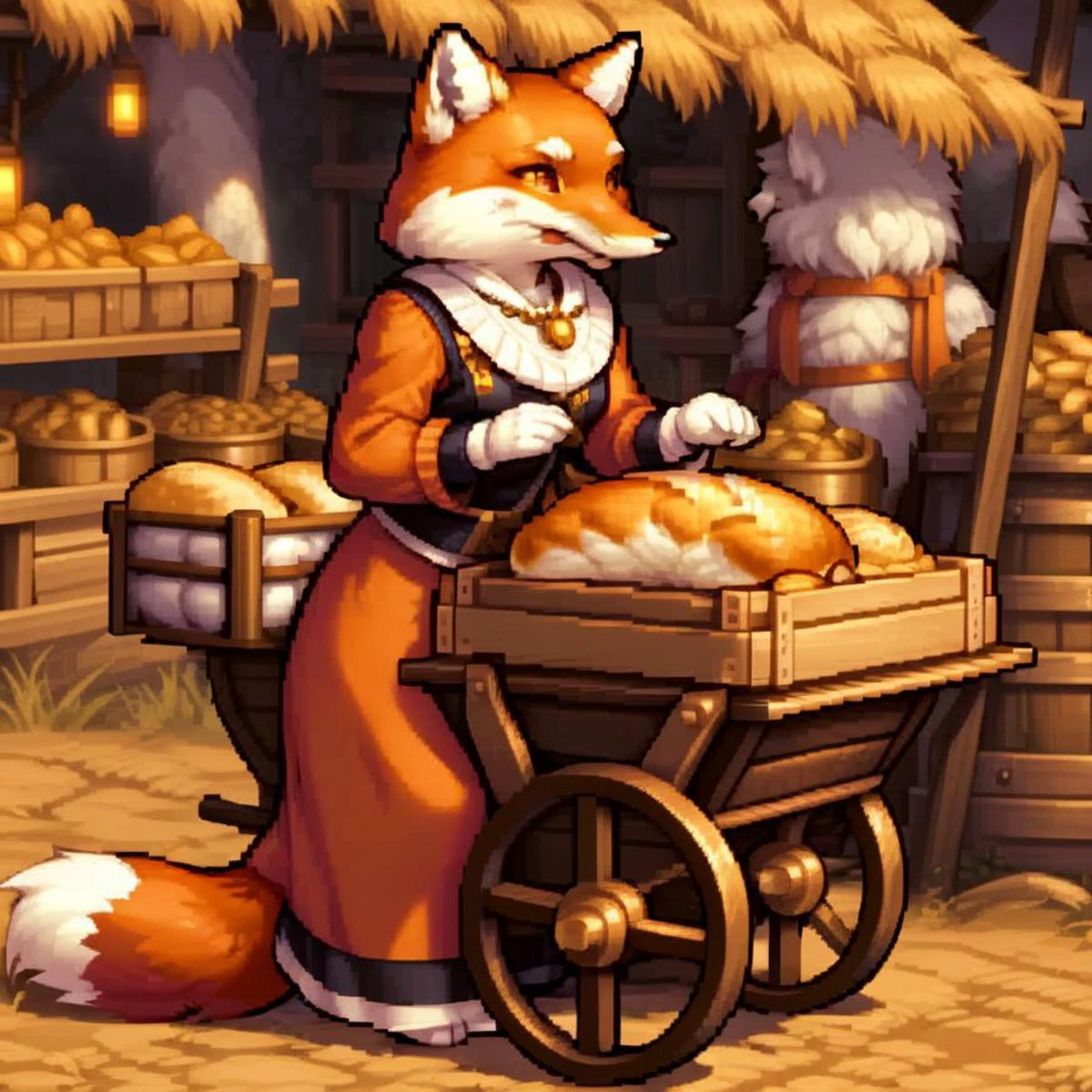 Countryside, lisichka eats bread, anthro furry fox, 1girl, high detail, A trading cart <lora:Lisichka:1.2> <lora:pxx4_v1_alpha:0.8> pixel art, golden sun, gold