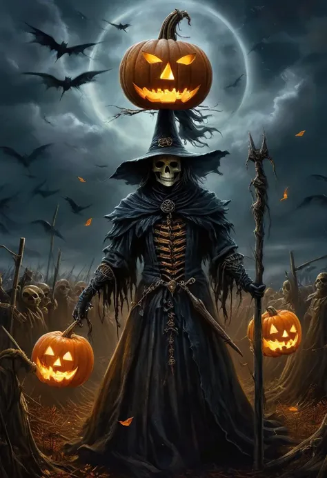 Dark Fantasy Art, Dark Moody Atmosphere, A menacing pumpkin-headed scarecrow looms in a moonlit cornfield, wielding a rusted pitchfork. Eerie orange light flickers within its carved grimace. Tattered robes billow in the autumn wind. Mystical runes glow on its straw-stuffed body, evoking ancient harvest rituals., dramatic, mysterious, dark moody atmosphere, dark, moody, dark fantasy style