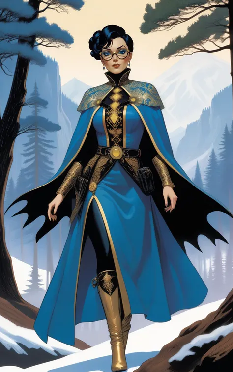 (Art by Adam Hughes and Wayne Barlowe), (a mature woman wearing an intricately detailed Kazakh Victorian baroque dress), (short cape, belt, pouches, utility belt, harness, (sci fi glasses)), (tall boots) (black gold and blue), (bobcut:1.2, curvy body, wide hips, large breasts), (on a pine forested mountain, cliff side, mountains)