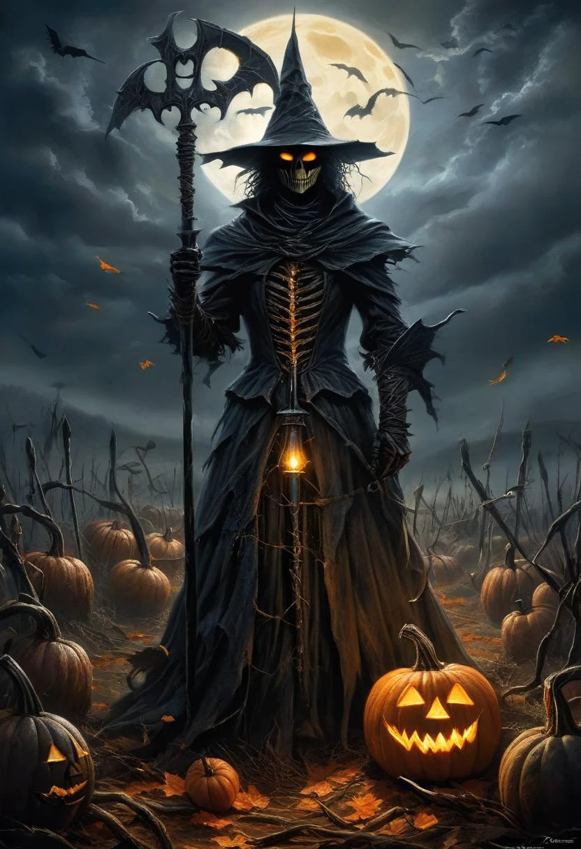 Dark Fantasy Art, Dark Moody Atmosphere, A menacing pumpkin-headed scarecrow looms in a moonlit cornfield, wielding a rusted pitchfork. Eerie orange light flickers within its carved grimace. Tattered robes billow in the autumn wind. Mystical runes glow on its straw-stuffed body, evoking ancient harvest rituals., dramatic, mysterious, dark moody atmosphere, dark, moody, dark fantasy style