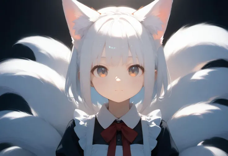 score_9, score_8_up, 1girl, cute, solo, symmetry, straight on, upper body, fox ears, fox tail, kyuubi, multiple tails, small breasts, animal ear fluff, (ear tufts:1.2), maid, standing, soft lighting, warm lighting