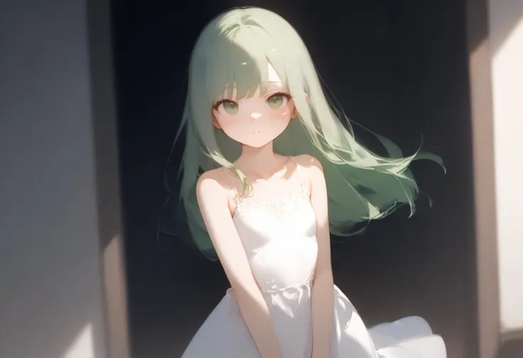 score_9, score_8_up, 1girl, solo, green eyes, long hair, green hair, looking at viewer, dress, white dress, parted lips, blush, small breasts, collarbone, standing, princess