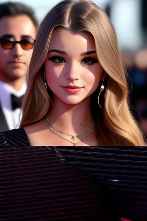 photo of brookemonk , a woman as a movie star, modelshoot style, (extremely detailed CG unity 8k wallpaper), Intricate, High Detail, Sharp focus, dramatic,photorealistic painting art by midjourney and greg rutkowski , (waist chain), ((movie premiere gala)), ((standing on the red carpet)), ((paparazzi in the background)), (looking at viewer), (detailed pupils:1.2), (elegant carbon fiber dress:1.3) dimly lit