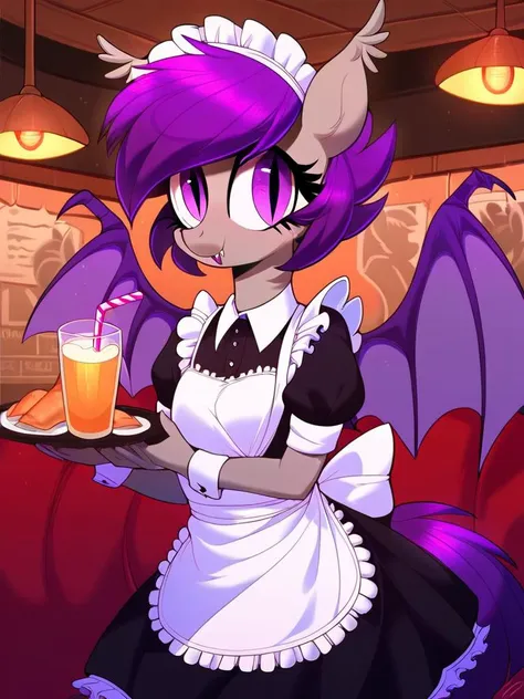 score_9, score_8_up, score_7_up, score_6_up, score_5_up, score_4_up, source_pony, anthro, Nolegs_PonyXL, 1girl, solo, (bat pony, gray skin, purple eyes, short purple hair, purple tail, small breasts), (maid uniform), cafe, crowd, detailed face, detailed eyes, crisp, detailed background, <lora:nolegs-v1:1>