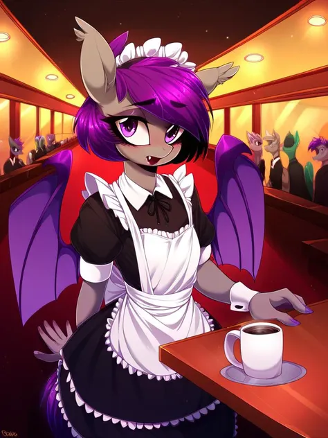 score_9, score_8_up, score_7_up, score_6_up, score_5_up, score_4_up, source_pony, anthro, Nolegs_PonyXL, 1girl, solo, (gray skin, purple eyes, fang, short purple hair, purple tail, small breasts), (maid uniform), holding tray, coffee mug, disposable cup, cafe, crowd, detailed face, detailed eyes, crisp, detailed background, <lora:nolegs-v2:1>