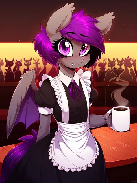 score_9, score_8_up, score_7_up, score_6_up, score_5_up, score_4_up, source_pony, anthro, Nolegs_PonyXL, 1girl, solo, (gray skin, purple eyes, fang, short purple hair, purple tail, small breasts), (maid uniform), holding tray, coffee mug, disposable cup, cafe, crowd, detailed face, detailed eyes, crisp, detailed background, <lora:nolegs-v2:1>